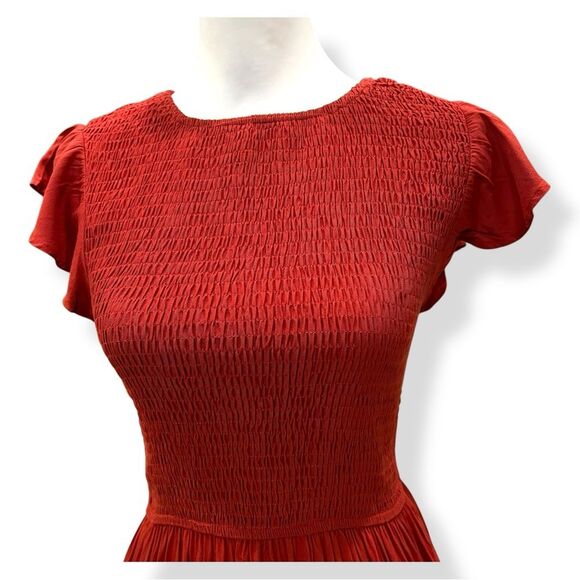 Cottagecore Smocked Tiered Midi Dress Flutter Sleeve Crewneck Rust Orange S NWT - Picture 10 of 16